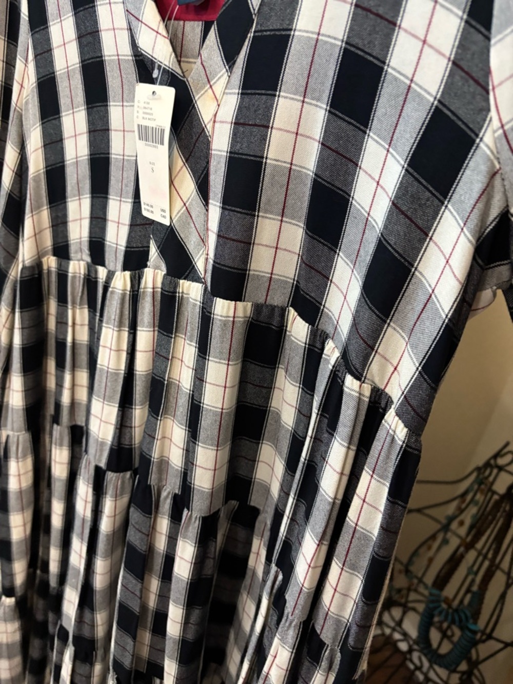 Anthropologie Maeve Black and White Plaid Tiered V-Neck Long Sleeve Dress - Picture 8 of 9